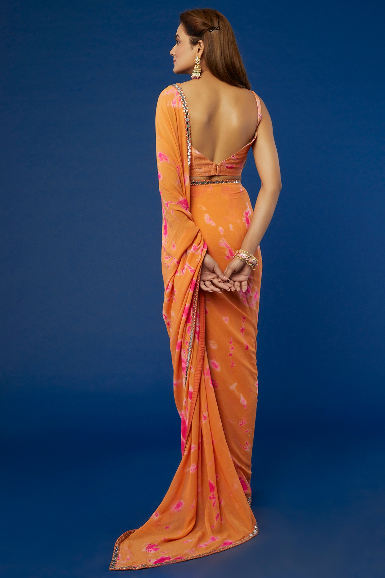 Buy Arpita Sulakshana Burnt Orange Drape Saree With Semi-Stitched Blouse  online